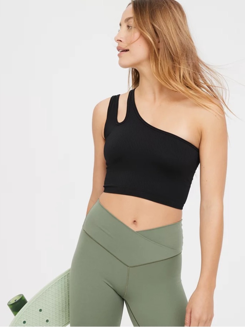 aerie Black One-Shoulder Ribbed Crop Top